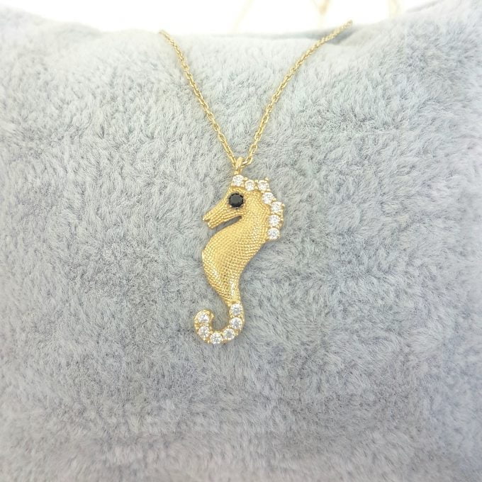 SeaHorse Necklace 14K Real Solid Gold with White Black Zirconia Stones and Textured Body Charm Cute Dainty Delicate Trendy Ocean Pendant for Women