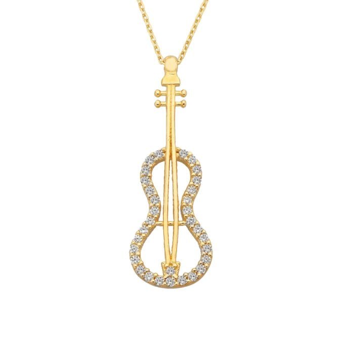 Violin Bass Guitar Charm Pendant Necklace 14K Real Solid Gold Decorated with White Zirconia Stones Dainty Elegant for Women Birthday Christmas Mother's Day Gift jewelry.