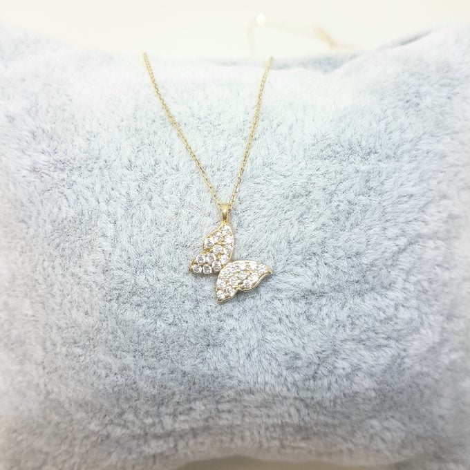 14K Real Solid Gold Butterfly Shape Design with White Zirconia Stones Cute Tiny Charm Dainty Delicate Trendy Necklace best birthday gift for women jewelry yourself