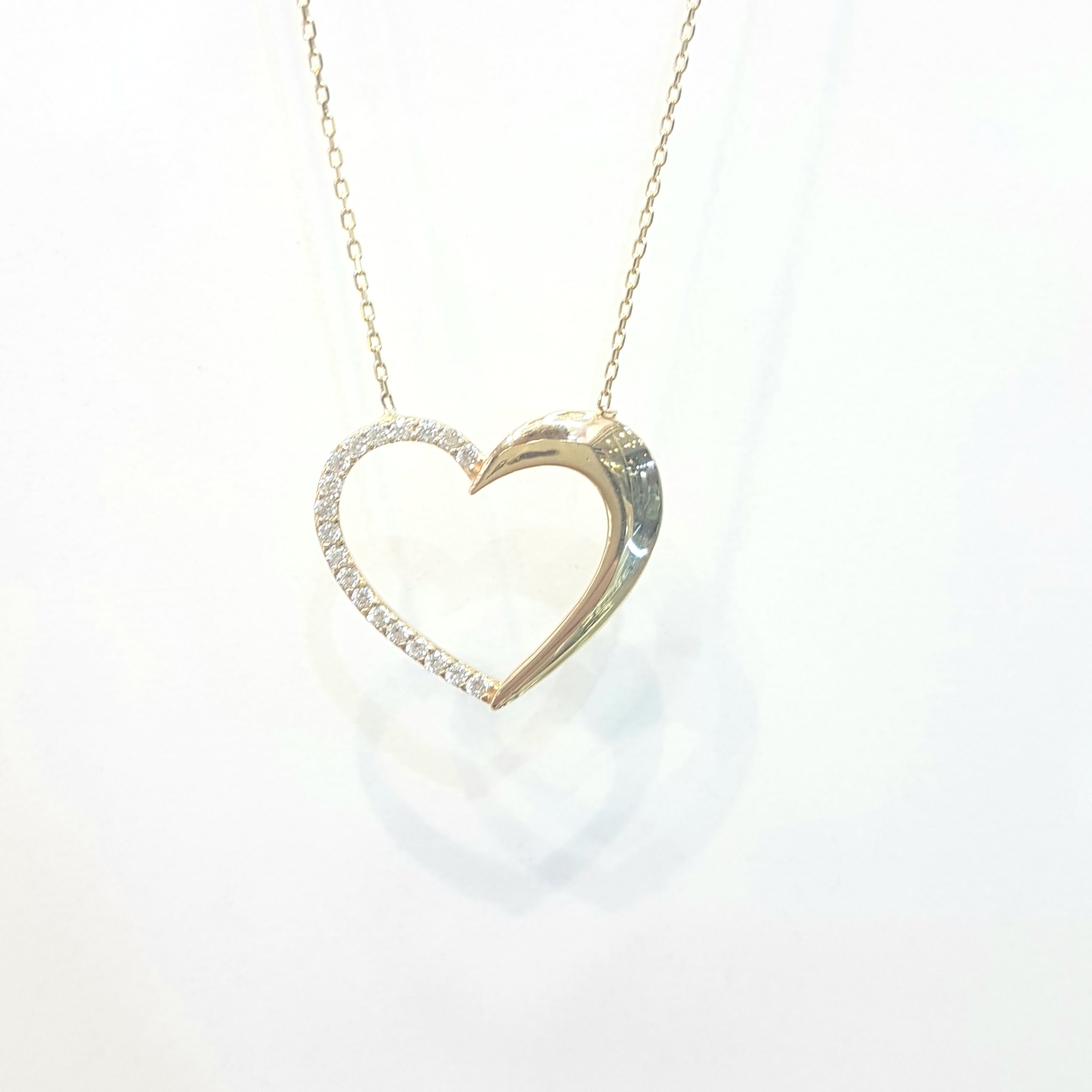 14K Real Solid Gold Heart Pendant Necklace Half Decorated with Zirconia ...