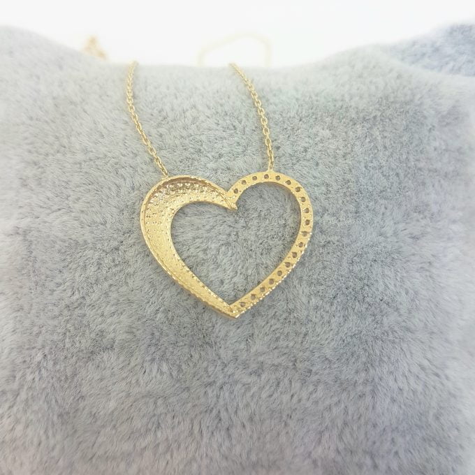 14K Real Solid Gold Forever Love Heart Pendant Necklace Half Decorated with Diamond Cut Zirconia Stones Charm Elegant Dainty Birthday Valentine Christmas Gift Women Jewelry