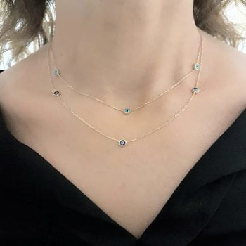 Evil Eye Trio Pendant Necklace Lucky Turkey Nazar Protection For Women Handmade Jewelry 14K Yellow Gold Charm Elegant Dainty Navy Blue Or Turquoise