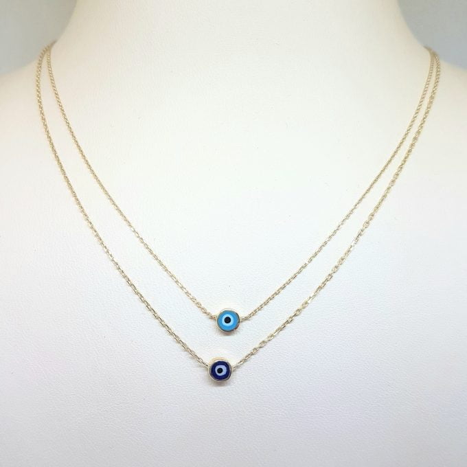 Evil Eye Single Pendant Necklace Lucky Turkey Nazar Protection For Women Jewelry 14K Yellow Gold Charm Dainty Navy Blue or Turquoise