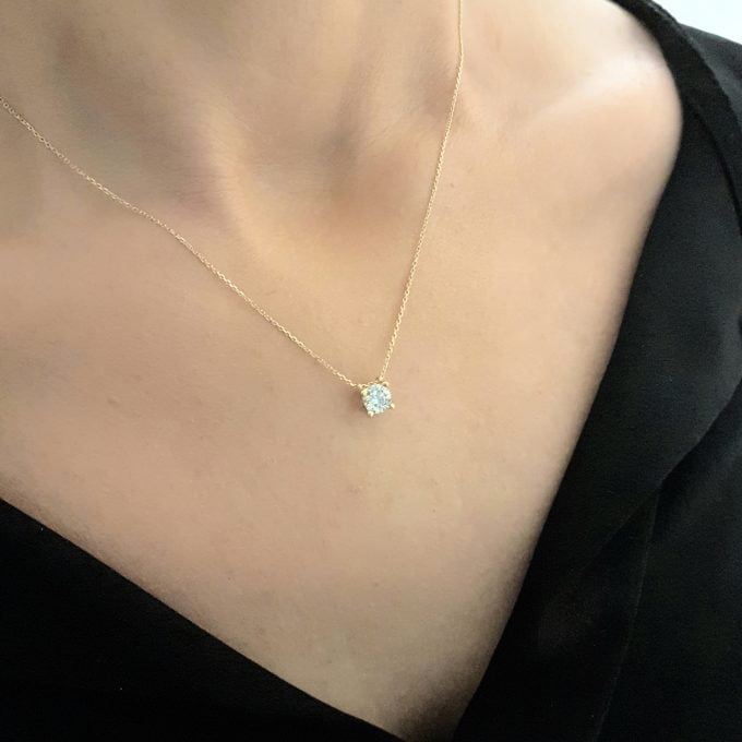 Solitaire Pendant Necklace 14K Real Solid Yellow Gold with Cubic Zirconia Round Cut Charm Dainty Handmade for Women Jewelry