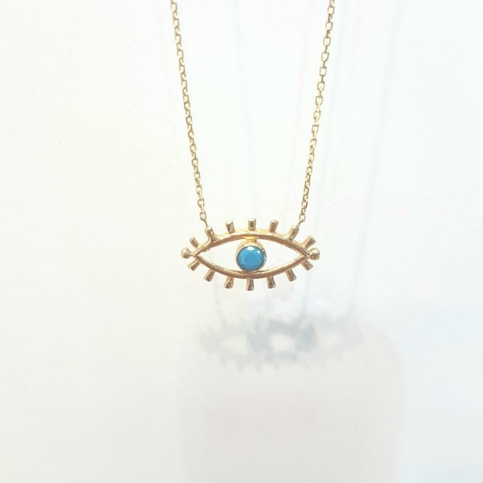 14K Real Solid Yellow Gold Turquoise Evil Eye Pendant Necklace Charm Elegant Dainty Birthday Valentine Christmas Gifts For Women Handmade Jewelry