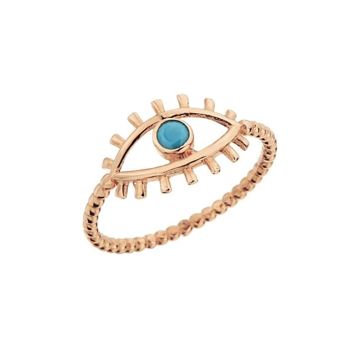 14K Real Solid Rose Gold Turquoise Evil Eye Ring , December Birthstone Ring For Women , Gold Turquoise Ring , Evil Eye Ring Solid Gold