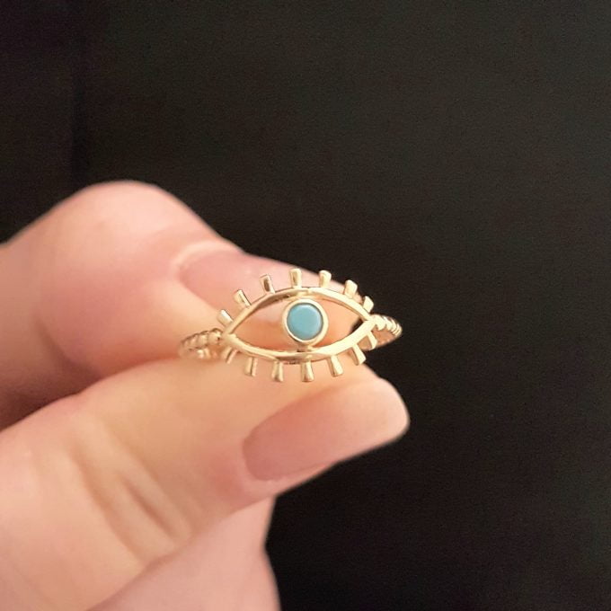 14K Real Solid Yellow Gold Turquoise Evil Eye Ring For Women
