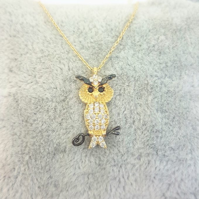 14K Real Solid Gold Owl Pendant Necklace Decorated with White Zirconia Stones for Women Charm Dainty