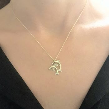 Double Dolphin Pendant Necklace for Women 14k Real Solid Gold Charm Dainty Good Luck