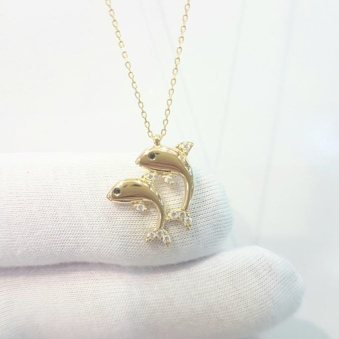 Double Dolphin Pendant Necklace for Women 14k Real Solid Gold Charm Dainty Good Luck