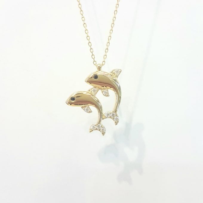 Double Dolphin Pendant Necklace for Women 14k Real Solid Gold Charm Dainty Good Luck