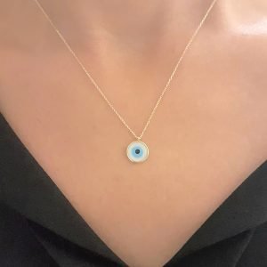 Evil Eye Mother of Pearl Necklace Lucky Luck Nazar Protection For Women 14K Yellow Gold Round Pendant Jewelry