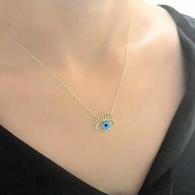 Eye Evil Eyelash Pendant Necklace for Women 14K Real Solid Gold Lucky Good Luck Blue
