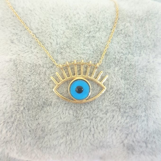 Eye Evil Eyelash Pendant Necklace for Women 14K Real Solid Gold Lucky Good Luck Blue