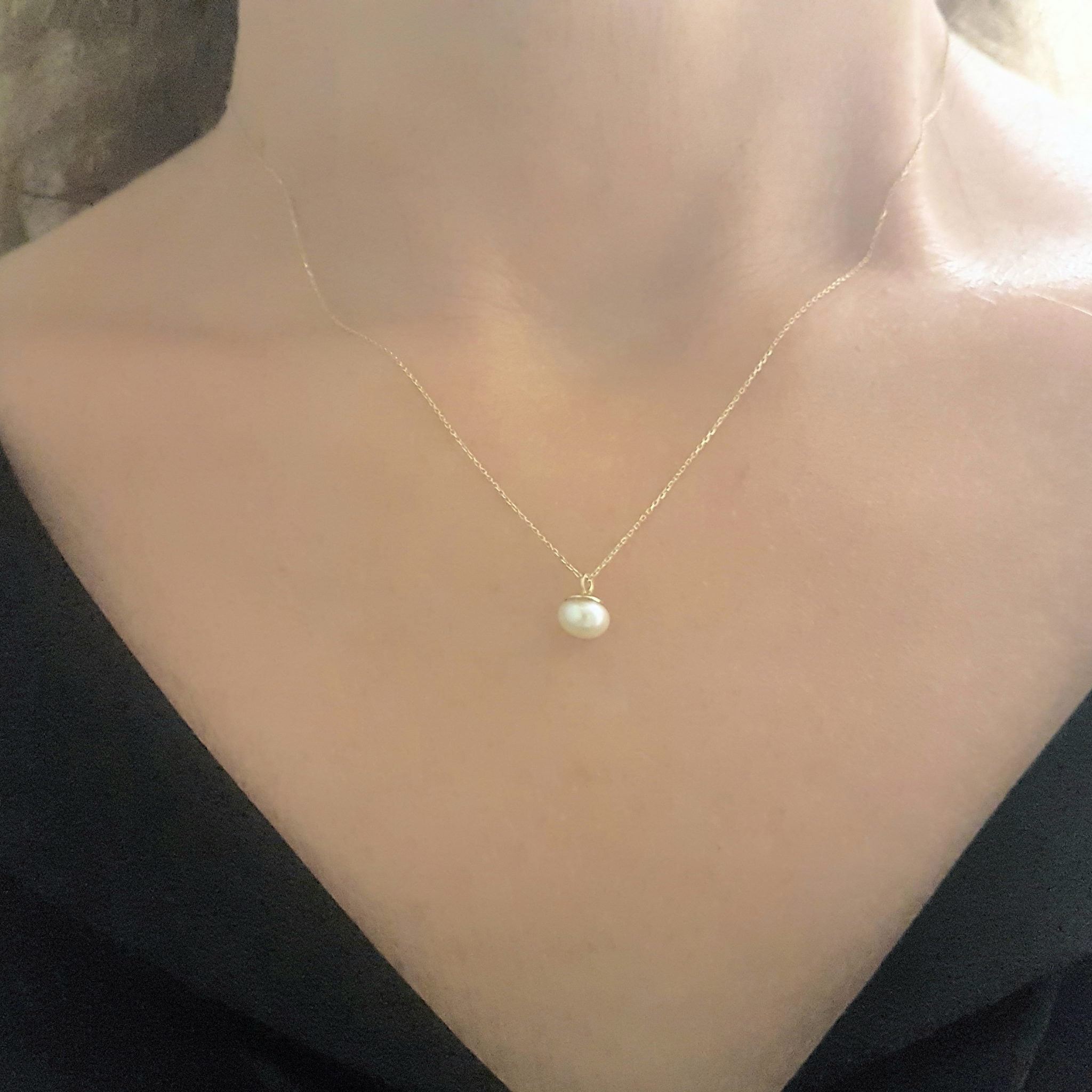 14K Real Solid Yellow Gold Pearl Pendant Necklace for Women 6mm Pearl