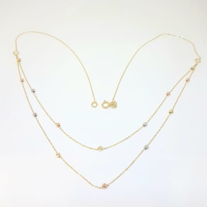 Two Rows Chain Beaded Italian Balls Charm Dainty Delicate Necklace for Women 14K Real Solid Gold