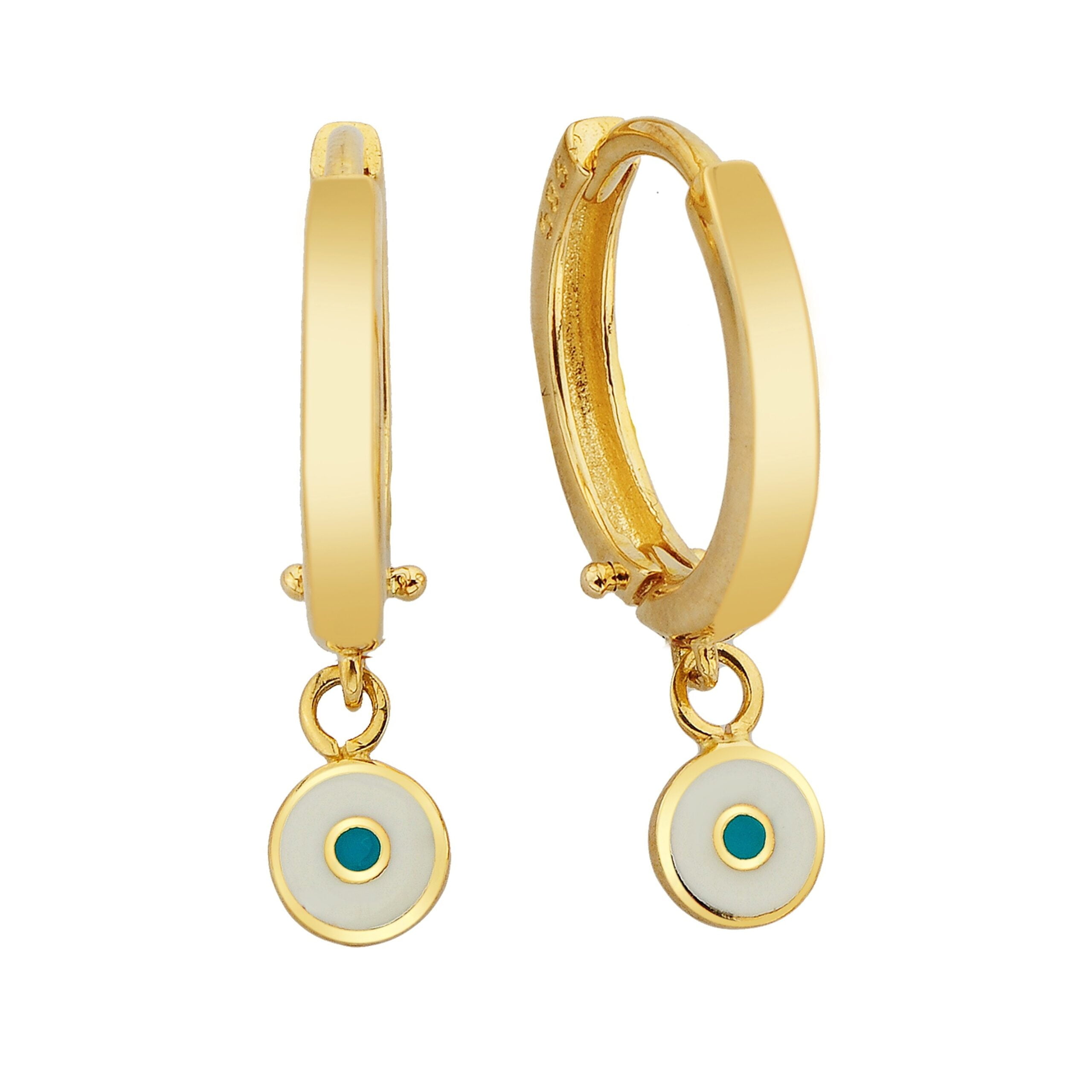 14K Real Solid Gold Evil Eye Drop Dangle Earrings for Women Decorated with White and Blue Enamel handmade luck good luck jewelry birthday gift.