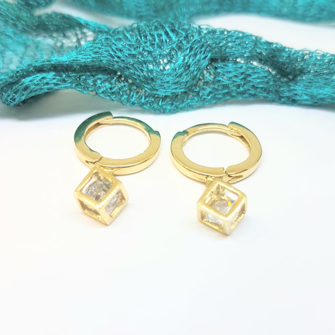 14K Real Solid Gold Square Cube Style Inside Moving Zirconia Stone Drop Dangle Hoop Earrings