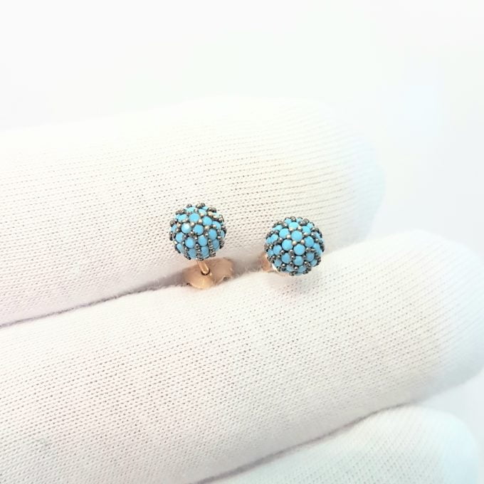 Turquoise Stud Earrings 6mm 14K Gold jewelry for Women Round Ball Design, Best Birthday Gift
