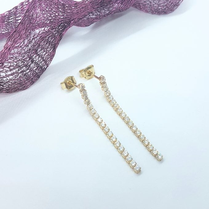 14K Real Solid Gold Long CZ Stud Tennis Earrings for Women , Dainty CZ Stud Earrings , Long Chain Links Earrings , Gift for Her