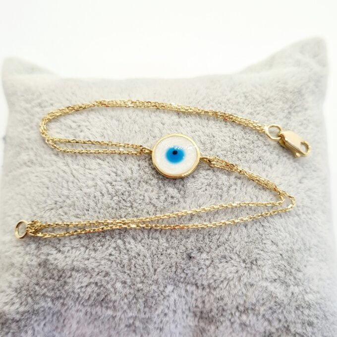 14K Real Solid Gold Evil Eye Mother of Pearl Bracelet for Women, Lucky Gold Bracelet , Christmas gift , Mother’s Day Gift , Evil Eye Charm birthday gift.