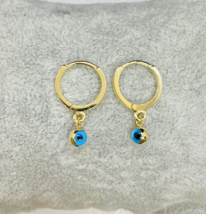 14K Real Solid Gold Two Sided Evil Eye Dangle Drop Hoops Earrings for Kids Teen Girls , Nazar Jewelry for Baby , Birthday Gift for Baby