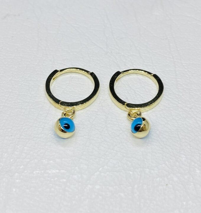 14K Real Solid Gold Two Sided Evil Eye Dangle Drop Hoops Earrings for Kids Teen Girls , Nazar Jewelry for Baby , Birthday Gift for Baby Girl
