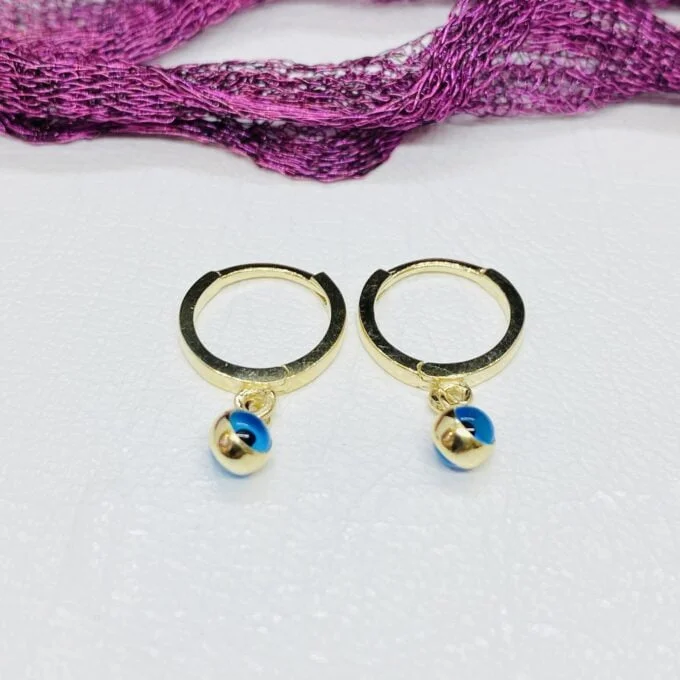 14K Real Solid Gold Two Sided Evil Eye Dangle Drop Hoops Earrings for Kids Teen Girls ,Nazar Jewelry for Baby , Birthday Gift for Baby Girl