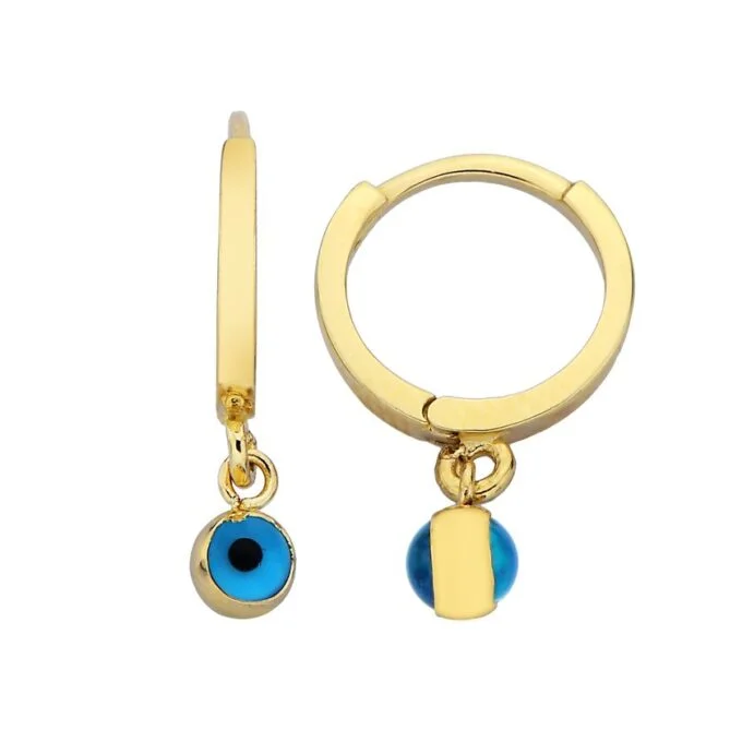 14K Real Solid Gold Two Sided Evil Eye Dangle Drop Hoops Earrings for Kids Teen Girls , Nazar Jewelry for Baby , Birthday Gift for Baby Girl