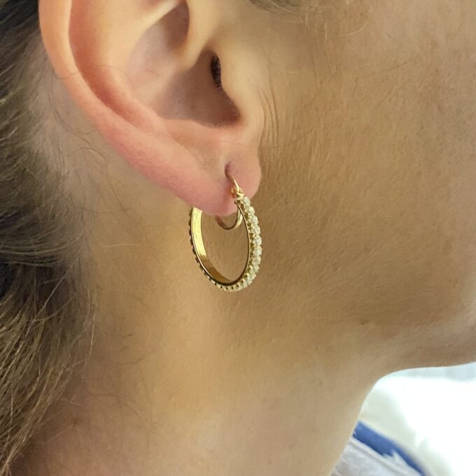 14K Solid Gold Hoop Earrings for Women , Dainty Pave CZ Hoop Earrings , Gold CZ Hoop Earrings , CZ Huggies Earrings , Mother's day gift
