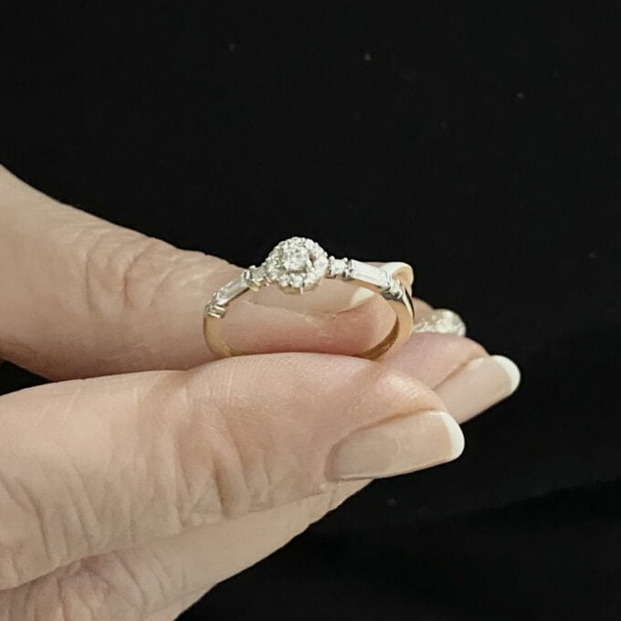14K Real Solid Gold Halo Solitaire Ring Decorated Baguette , Engagement Ring, Bridal Wedding Jewelry , CZ Solitaire Ring , birthdya christmas gifts