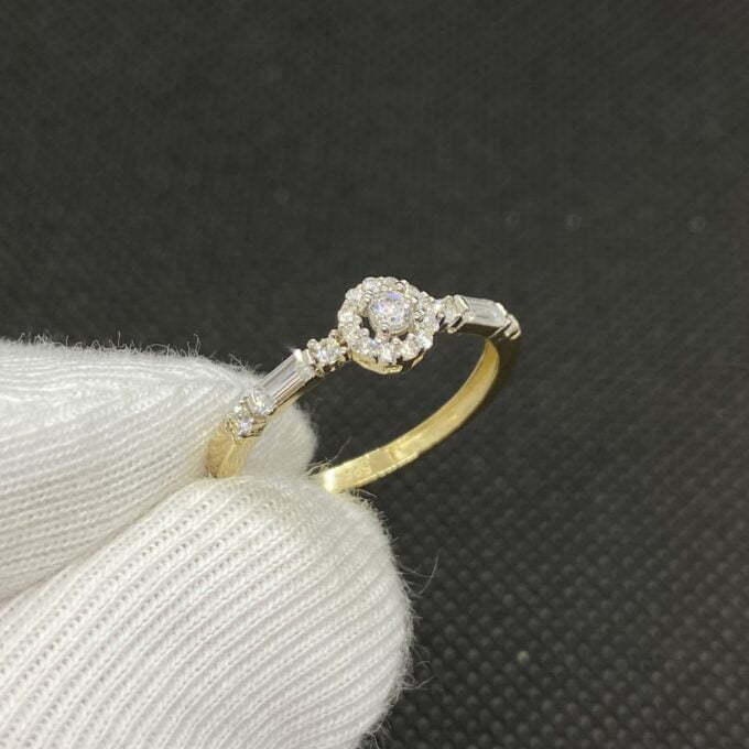 14K Real Solid Gold Halo Solitaire Ring Decorated Baguette , Engagement Ring, Bridal Wedding Jewelry , CZ Solitaire Ring for Women,gift for her