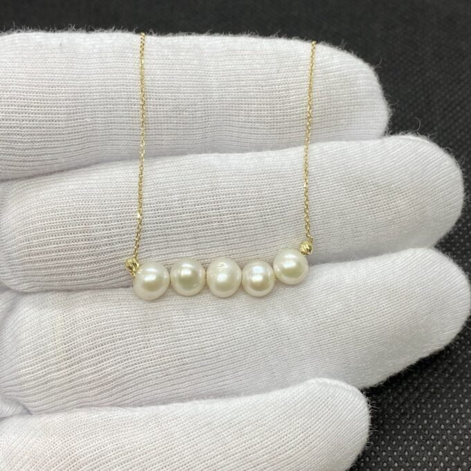 14K Real Solid Gold Beaded Pearl Necklace for Women , Dainty Freshwater Pearl Bead Necklace , Bridesmaids Jewelry , Birthday Gift for mom