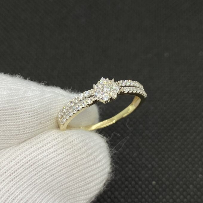 14K Real Solid Gold Micro Pave Solitaire Ring for Women, Double Row Band , Dainty Engagement Statement Wedding Ring , Christmas Gift