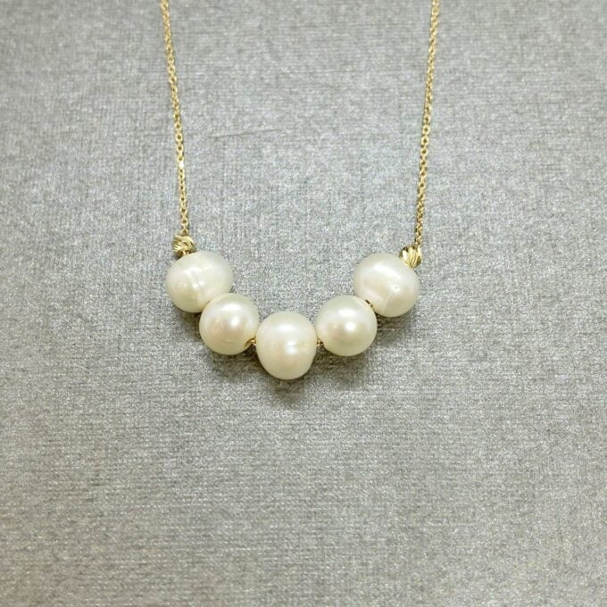 14K Solid Gold Beaded Pearl Necklace for Women , Dainty Freshwater Pearl Bead Necklace , Bridesmaids Jewelry , Mother's day Gifts for mom