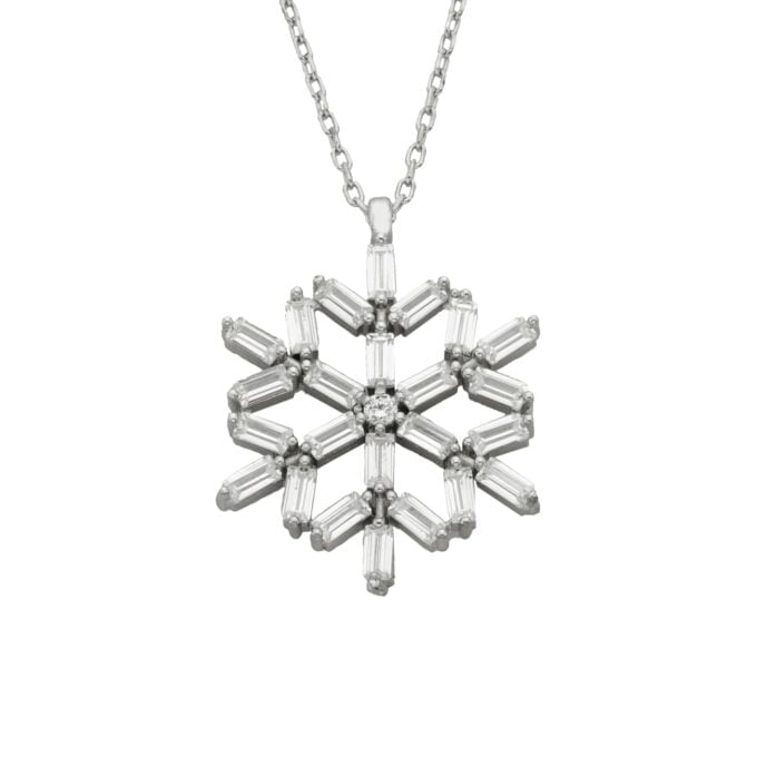 925 Sterling Silver Snowflake Design with Baguette Cut Zirconia Stones Dainty Charm Delicate Trendy Pendant Necklace birthday gift for mom