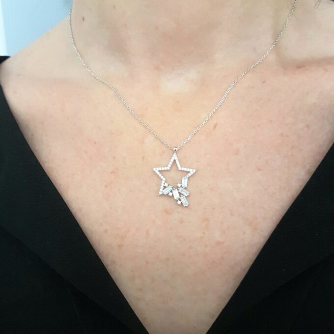 925K Sterling Silver CZ Star Necklace for Womencorner adorned with baguette