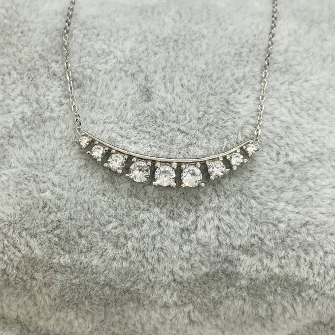 925K Sterling Silver Curved Bar Necklace for Women , CZ Bezel Curved Necklace for Women , Christmas Gift , Sparkle CZ Pave Bar Necklace