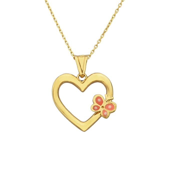 14K Real Solid Gold Heart Pendant Necklace for Women, Butterfly Necklace Gold, Gold Heart Necklace , Christmas Gift, Handmade Jewelry