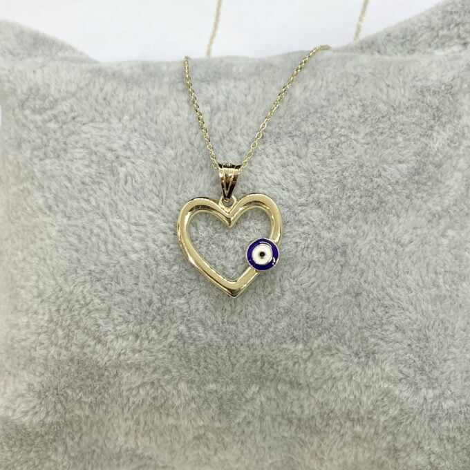 14K Real Solid Gold Heart Pendant Necklace for Women ,Charm Evil Eye necklace, Gold Heart Necklace , Birthday Gift, Handmade Jewelry