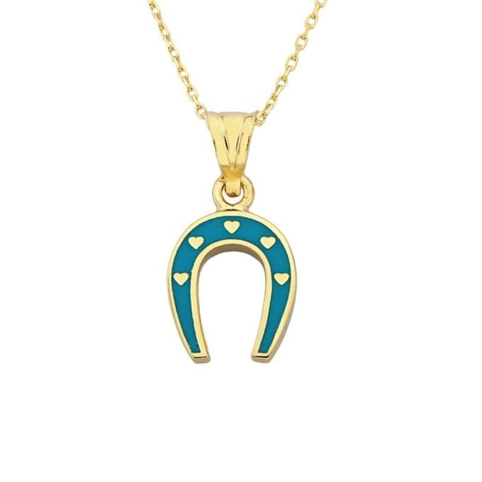 14K Real Solid Gold Horseshoe Necklace for Women , Lucky Horseshoe Pendant , Charm Horseshoe Jewelry with Turquoise Enamel and Tiny Heart