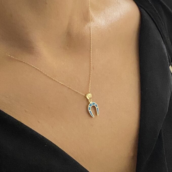 14K Real Solid Gold Horseshoe Necklace for Women , Lucky Horseshoe Pendant , Charm Horseshoe Turquoise necklace