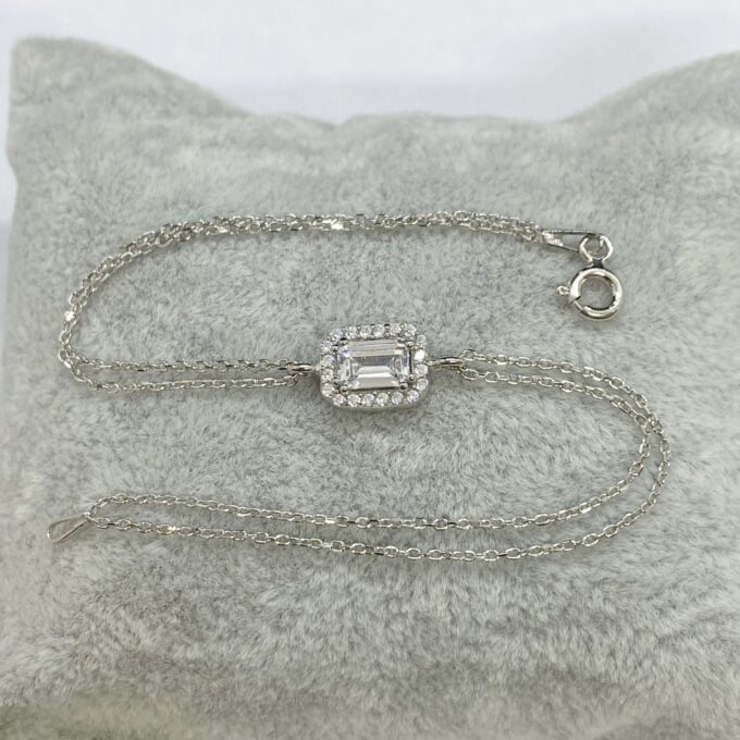 925K Sterling Silver Baguette Bracelet for Women , Baguette Jewelry , Minimalist Bracelet Silver , CZ Dainty Chain Bracelet , Gift for mom