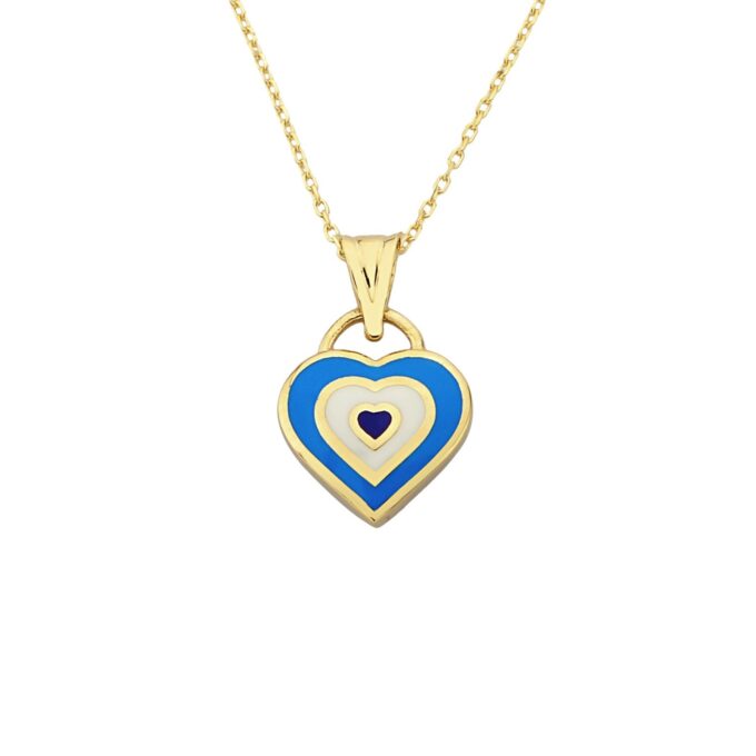 14K Real Solid Gold Heart Evil Eye Pendant Necklace for Women , Heart Shaped Navy Blue or Turquise Evil Eye Necklace ,Handmade Jewelry Gift
