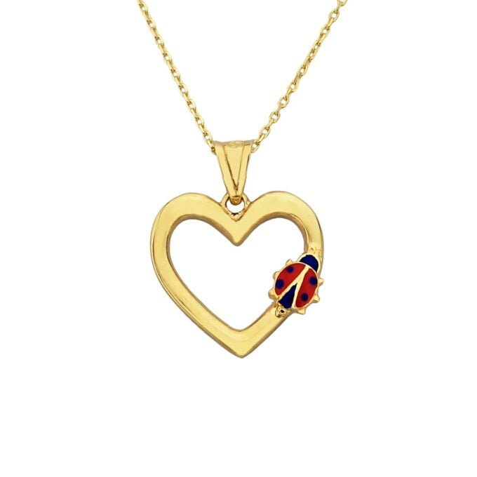 14K Real Solid Gold Heart Pendant Necklace for Women, Ladybug Necklace Gold, Gold Heart Necklace ,Christmas Gift, Handmade Jewelry
