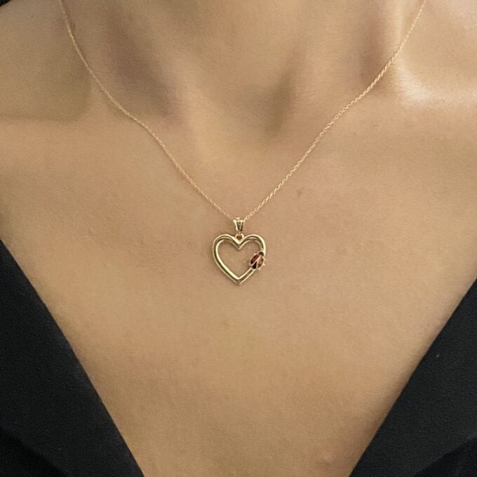 14K Real Solid Gold Heart Pendant Necklace for Women, Ladybug Necklace Gold, Gold Heart Necklace , Christmas Gift, Handmade Jewelry