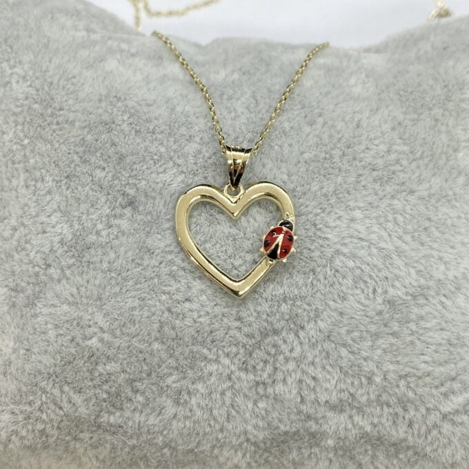 14K Real Solid Gold Heart Pendant Necklace for Women, Ladybug Necklace Gold, Gold Heart Necklace,Christmas Gift, Handmade Jewelry