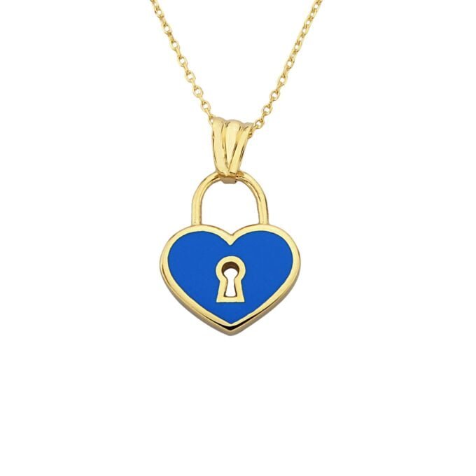 14K Real Solid Gold Turquoise Heart Lock Necklace for Women