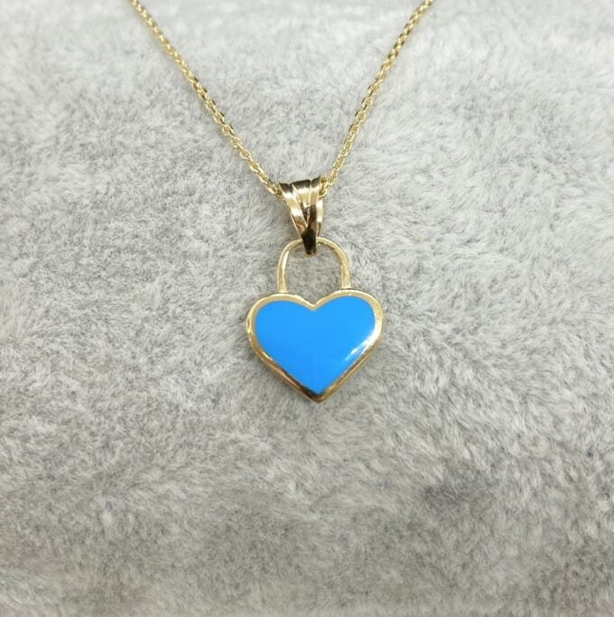 14K Real Solid Gold Turquoise Heart Necklace for Women , Gold Heart Pendant , Dainty Tiny Turquoise Heart , Minimalist Handmade Jewelry Gift