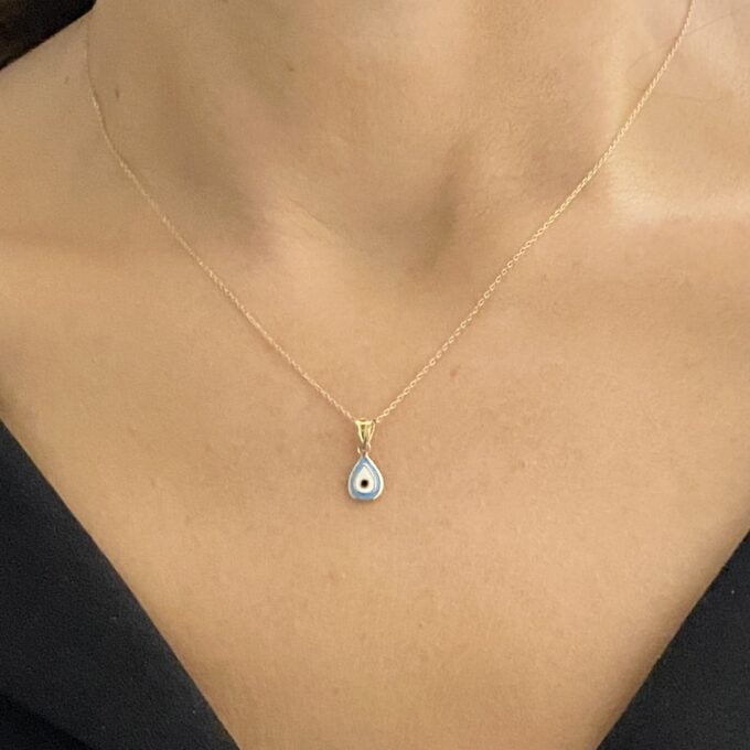 14K Real Solid Yellow Gold Teardrop Evil Eye Pendant Necklace for Women , Layered Minimalist Protection Necklace, Christmas Birthday Gift for her mom